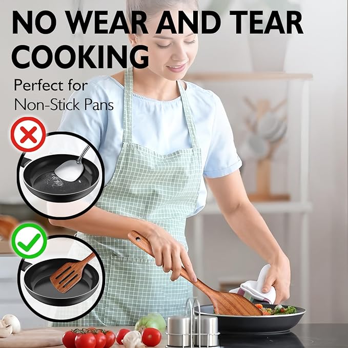 Wooden Spoons for Cooking 10 Pieces Set, Kitchen Utensils Spatula, Wooden Cooking Utensils Spoons, with Spoon Rest, Strainer Spoon, Pasta server, Fried Spatula and Salad Fork, Utensil Holder