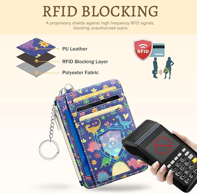 Kelvoris Credit Card Holder Small Wallet Women, Slim RFID, Cute Dinosaur | Keychain, Zipper Coin Pocket, Front Pocket Thin Travel Card Case, Minimalist, 6 Card Slots, 1 ID Window, Ladies Gifts Woman