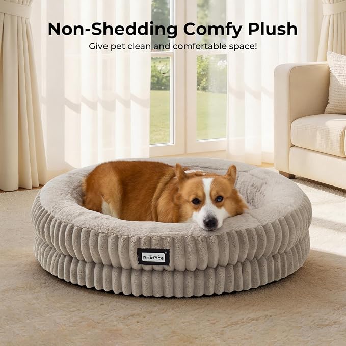 BALANCE Donut Dog Bed, 30 Inches Round Dog Bed Medium Size Dogs Washable, Orthopedic Calming Dogs Beds for Kitten, Fluffy Plush Faux Fur Pet Bed with Anti-Slip Bottom