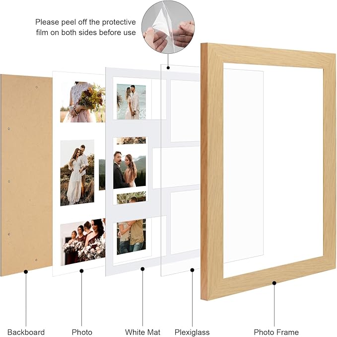 11x17 Picture Frame Display 6 picture frame collage 4x6,Multi Photo Frame with Mat,Plexiglass,Wall Mount Decor,Natural Wood Grain