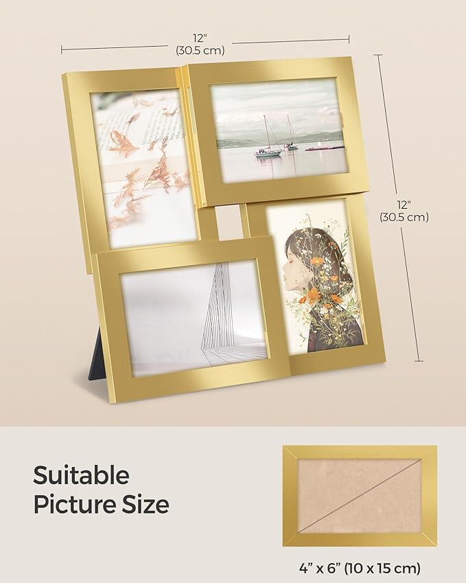 SONGMICS 4x6 Collage Picture Frames, Family Photo Collage Frame Set of 4 for Wall Decor, Glass Front, Wall Hanging or Tabletop,Christmas Gift, Pale Gold URPF025A01