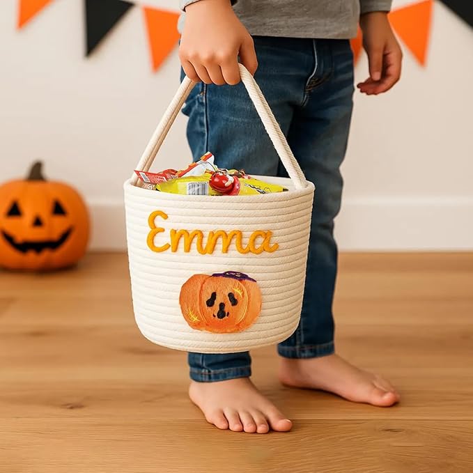 Personalized Halloween Baskets Gift for Kids, Custom Woven Candy Bucket with Name, Halloween Trick or Treat Basket
