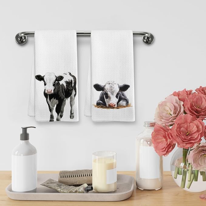 Funny Cow Kitchen Towels and Dishcloths Sets of 2, Cow Decor Stuff Gifts for Women, Woodsy Rustic Cabin Farmhouse Farm Nursery Home Decor Dish Hand Tea Towels for Bathroom Kitchen,16x24 Inch