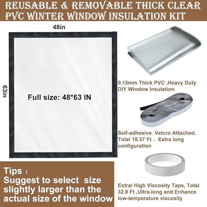 Window Insulation Kit for Winter Adjustable Plastic Insulated Window Cover Sealer Reusable Thermal Thicken Clear Insulation Wrap Transparent Film with Hook and Loop Tape for Winterizing 48'' x 63''