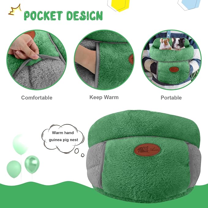 YUEPET Guinea Pig Bed Cuddle Cave, Warm Fleece Hideout, Green | Cozy Guinea Pig House, Portable Guinea Pig Hideout, Soft Coral Fleece, Washable Cushion, Folds Flat