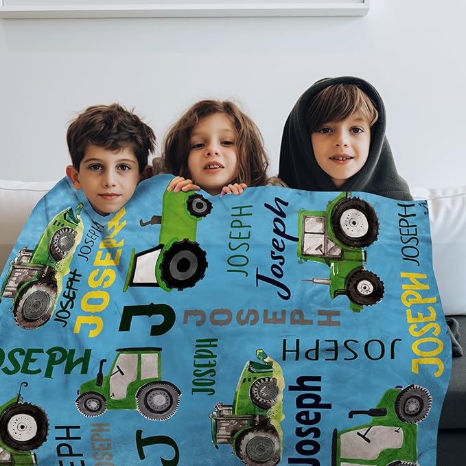 Personalized Tractors Blanket - Custom Name with Farm Tractor Trucks Design - Soft Plush Flannel Bed Blanket for Baby Kid Teen Boys Girls Customized Gifts Light Blue & Green