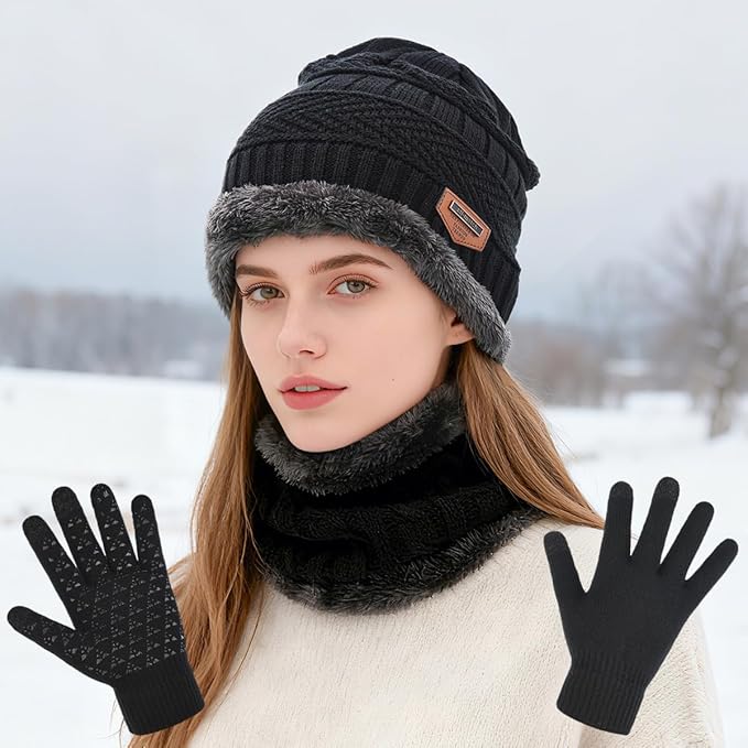 Winter Beanie Hat Scarf Glove Set for Women Snow Knit Thick Fleece Lined Ski Hat,Mens Warm Neck Warmer Touchscreen Mittens