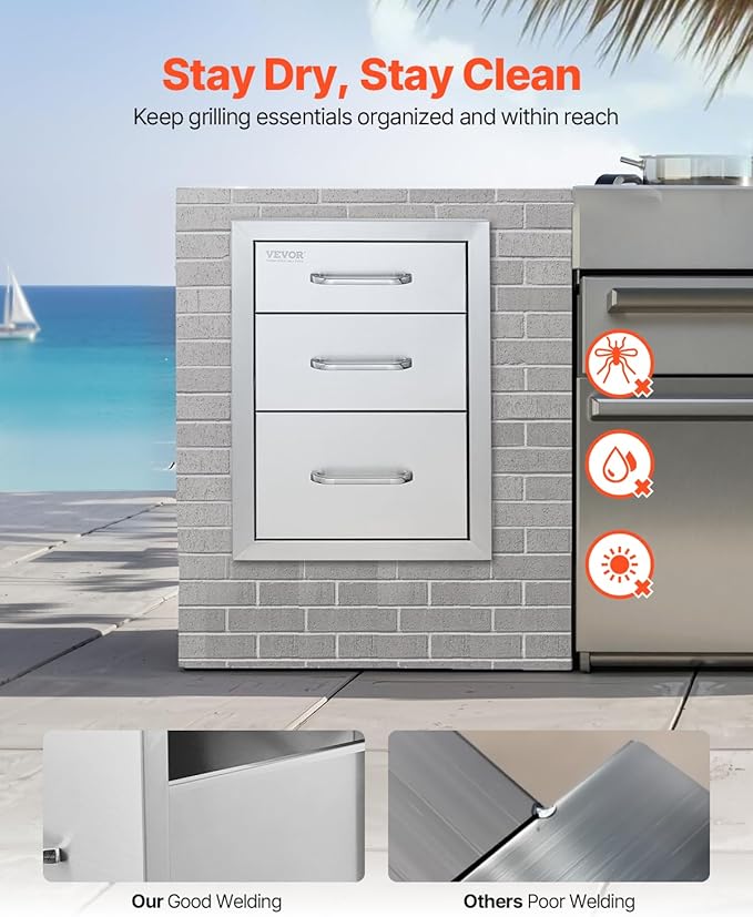 VEVOR 14x20.3 Inch Outdoor Kitchen Drawers Stainless Steel, Flush Mount Triple Drawers, 14W x 20.3H x 23D Inch, with Stainless Steel Handle, Outdoor Kitchens or BBQ Island