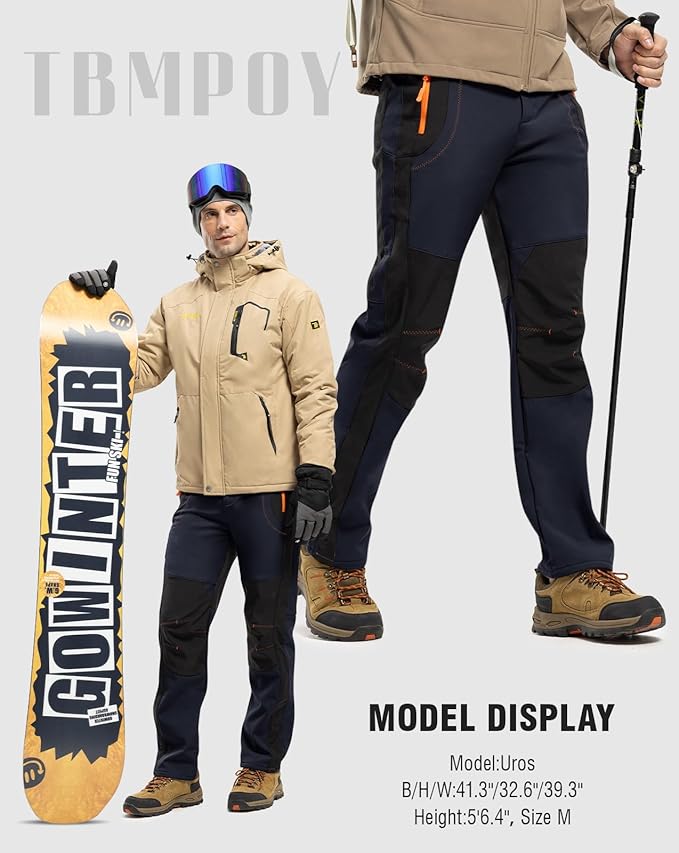 TBMPOY Men's Snow Ski Hiking Pants Waterproof Winter Fleece Lined Pants Camping Skiing Ice Fishing Pants with Belt