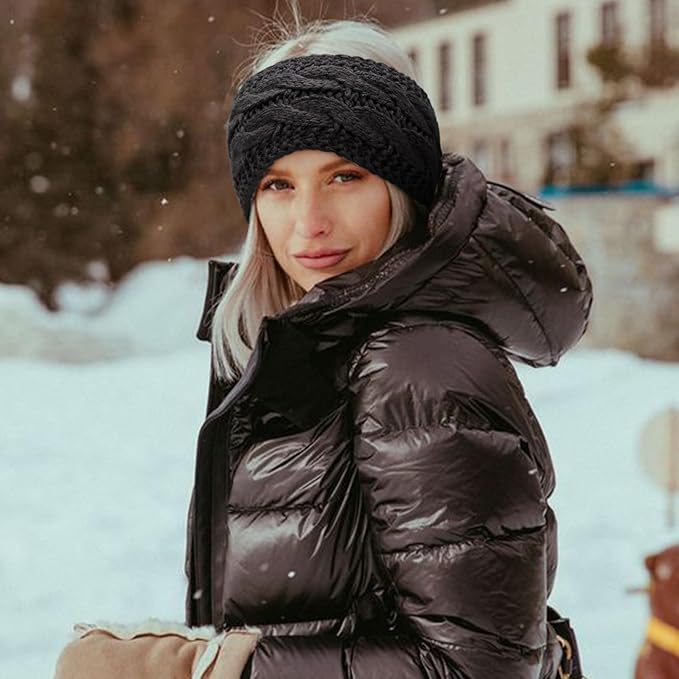 AQOKKA Knit Winter Headbands for Women Fuzzy Wool Fleece Lined Ear Warmers Elastic Turban Crocheted Head Wrap Winter Accessories for Women Cold Weather