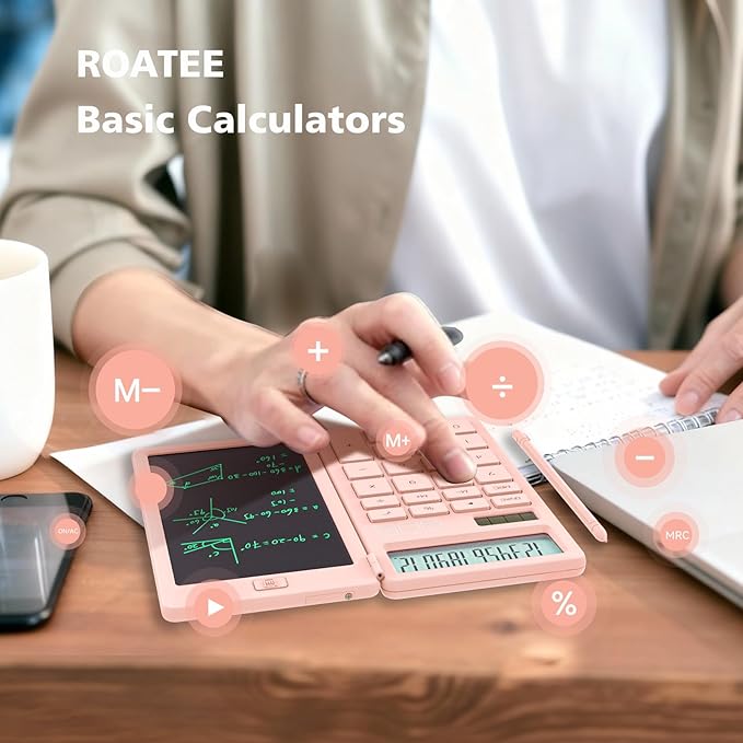 Desk Calculators with Erasable LCD Notepad ROATEE Basic Calculators Pink Cute School Supplies for Girls Middle School Stuff Cute Pocket Office Supplies Home Essential Solar & Battery Energy Big Button
