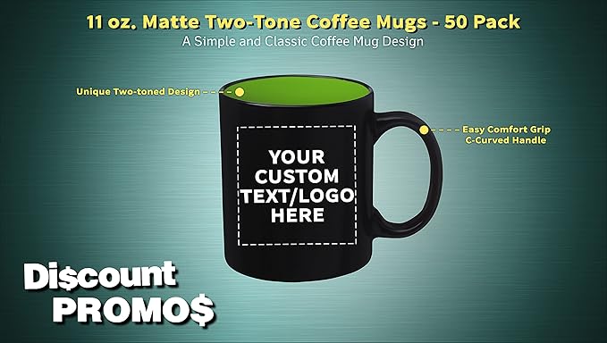 DISCOUNT PROMOS 50 Matte Two-Tone Coffee Mugs Set, 11 oz. - Customizable Text, Logo - Stoneware, Drinkware, Durable, C-handle - Lime Green
