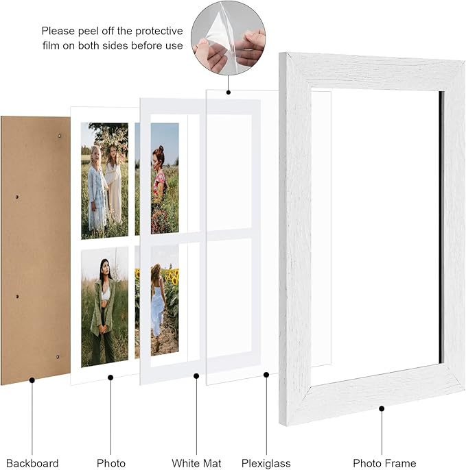 9x13 Picture Frame Display 4 opening 4X6 Picture Frame Collage,Multi Photo Frame with Mat,Plexiglass,Wall or Tabletop Decor,Distressed White Wood Grain