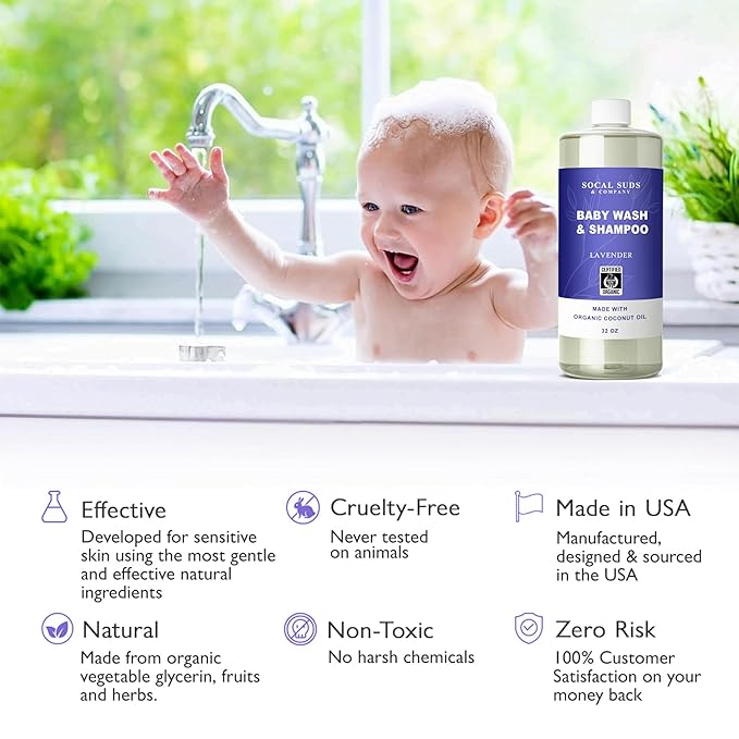 SoCal Suds & Company - 2-in-1 Organic Foaming Baby Shampoo & Body Wash Castile Soap Refill - Gentle Body Soap and Shampoo for Sensitive Skin - Nourishing Ingredients - Newborn Baby - Lavender, 32oz