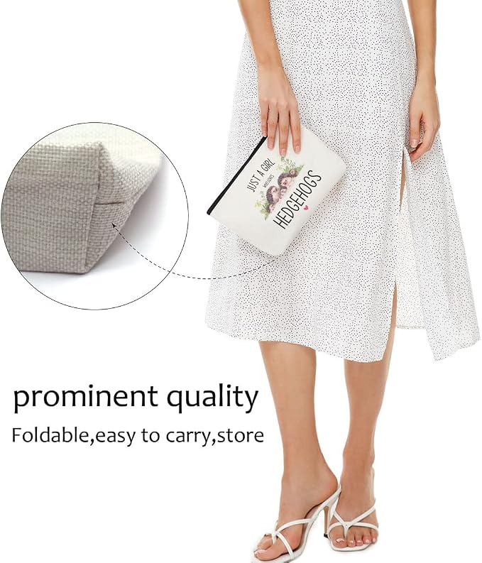 Blue Leaves Funny Hedgehog Makeup Bag Cosmetic Bag | Gifts for Women, Animal Lover, Birthday Christmas Gift for Teens, Daughter, Sister, Bestie, Just A Girl Who Loves Hedgehogs