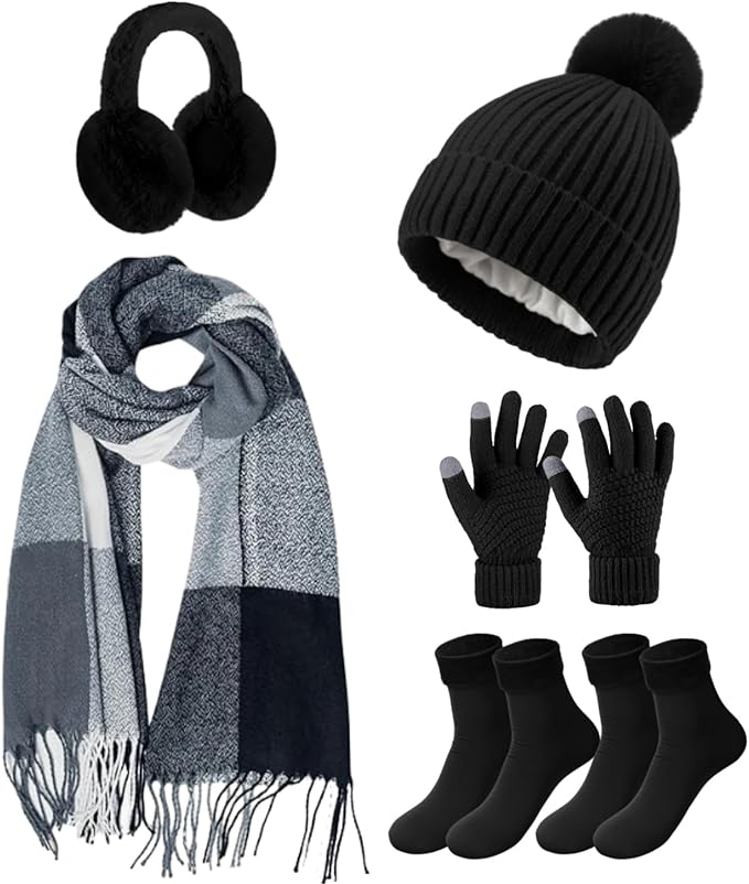 Geyoga 6 Pcs Winter Hat Scarf Gloves Set Knitted Touchscreen Gloves Plaid Scarf Earmuffs Socks Gift for Women Men