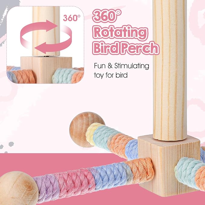 Bird Perch Stand with Chew Ball Toys Upgraded Parrot Perch Toy Rotating for Small & Medium Birds Wooden Stand Bird Cage Accessories for Parakeets Cockatiels Conures Finches Budgies