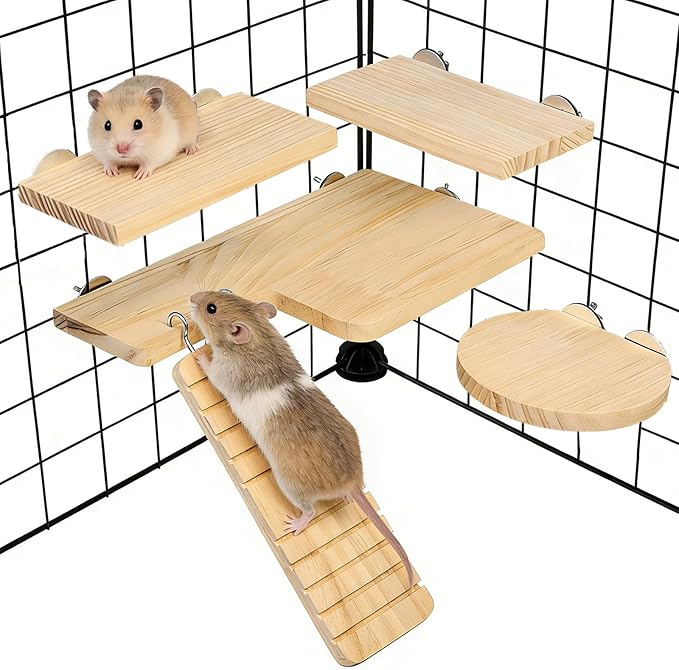 Hamster Cage Platform L-Shaped Wooden Hamster Cage Accessories Rat Climbing Toys Ledge with Ladder for Sugar Glider Mice Mouse Squirrel (M)