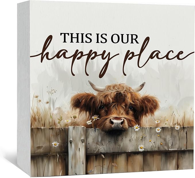 Highland Cow Sign - Farmhouse Western Animal Office Kitchen Bedroom Decor,Rustic Farm This Is Our Happy Place Home Decor Signs,highland Cow Gifts For Women,5x5 Inch