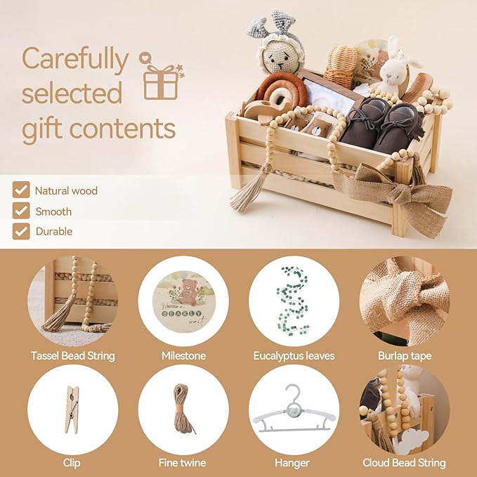 Wooden Baby Shower Crate - Baby Shower Basket Gift Set with Milestone Card, Eucalyptus Leaves, Tassel Bead String, Burlap Tape & More for Baby Showers, Nursery Decor & Photo Props