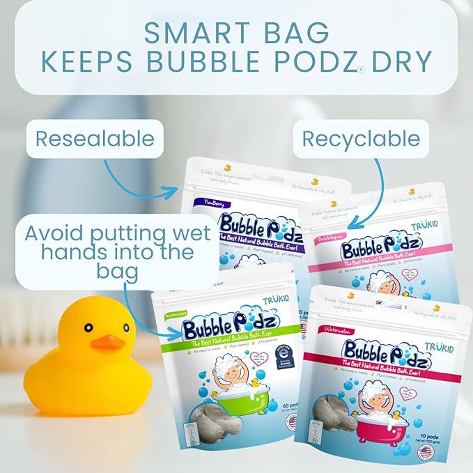 TruKid Bubble Podz Bubble Bath for Kids, Toddlers, & Babies, NEA-Accepted for Eczema, Gentle Refreshing Colloidal Oatmeal Bath Bomb for Sensitive Skin, pH Balanced, Tear Free, Unscented (10 Podz)