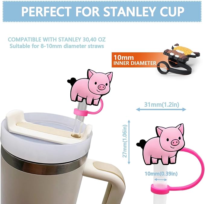 Animal Straw Toppers For Stanley Cups;Straw Covers Cap Toppers Compatible With Stanley 30&40 Oz Tumbler, Reusable & Silicone Tumbler Straws Topper For 0.4 Inch Tips Animal Lover Gifts (Pig)