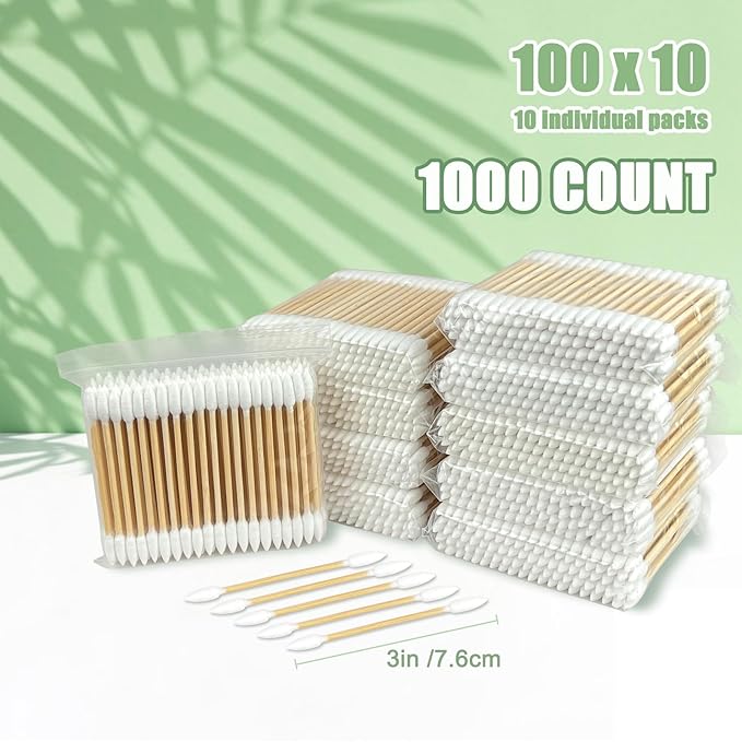 Pointed Tip Cotton Swabs - 1000 Count Double Pointed Cotton Buds - Precision Tips with Bamboo Sticks for Makeup, Nail Tools, Personal Care - Soft and Hypoallergenic for Skin