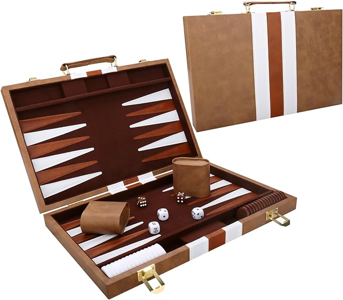 Backgammon Set - Classic Board Game with Premium Leather Case - Portable Travel Strategy Backgammon Game Set for Adults, Kids (11inch, Khaki)