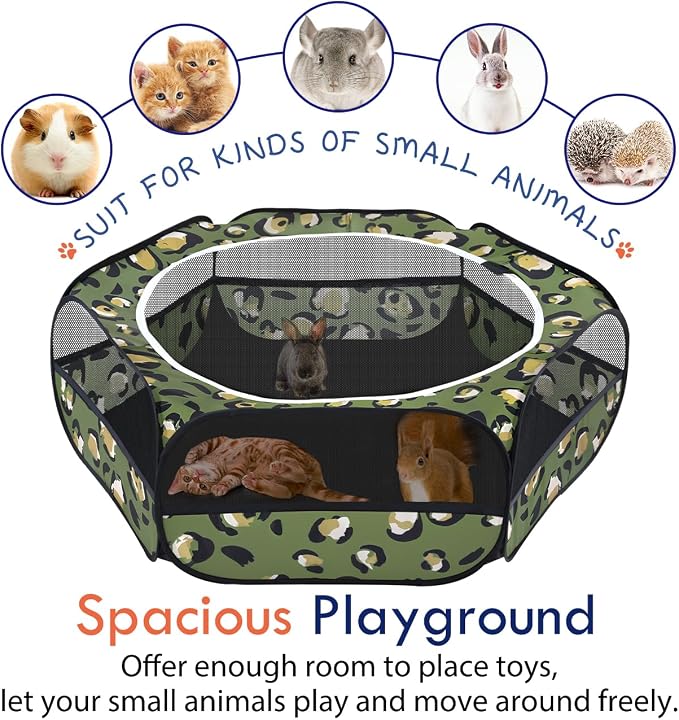 Pawaboo Small Animal Playpen with Zippered Cover, Leopard Print | Portable pop-up pet tent for supervised rabbits, guinea pigs, chicks and kittens; water-resistant bottom and 3 metal rods
