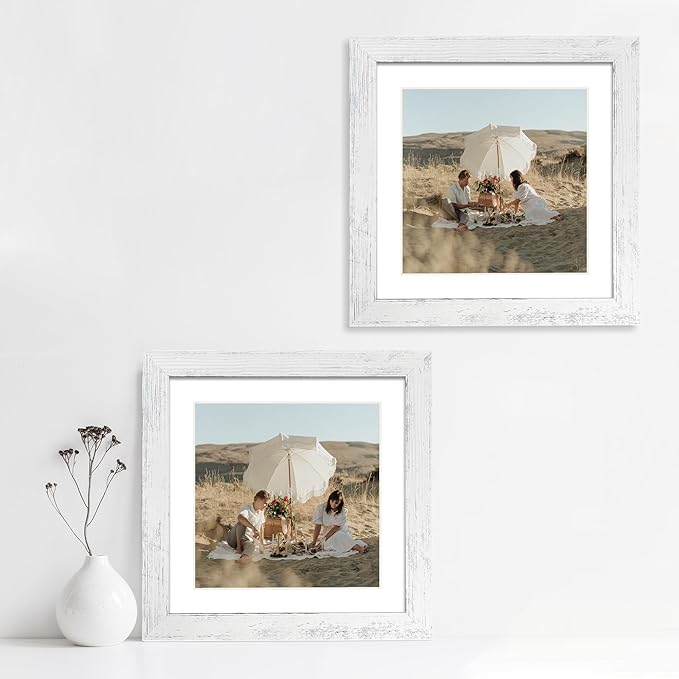 iRahmen 10x10 Picture Frame Set of 4 with Real Glass, Distressed White Frame Display 8x8 Pictures with Mat or 10 x 10 Without Mat, Wood Square Photo Frame for Wall Mount and Tabletop Display