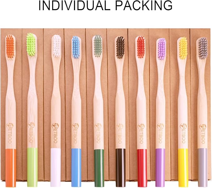 Bamboo Toothbrushes Medium Hard Bristles for Adults 10 Pack, Wooden Toothbrush Family Set Natural Organic Tooth Brush Multi-Color