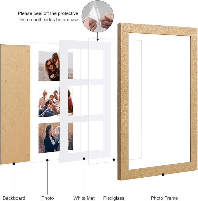 8x14 Collage frame with 3 Openings 4X6 Pictures, Multiple Picture Frame with Mat, Wall or Tabletop Decor, Natural Grain (1 Pack)