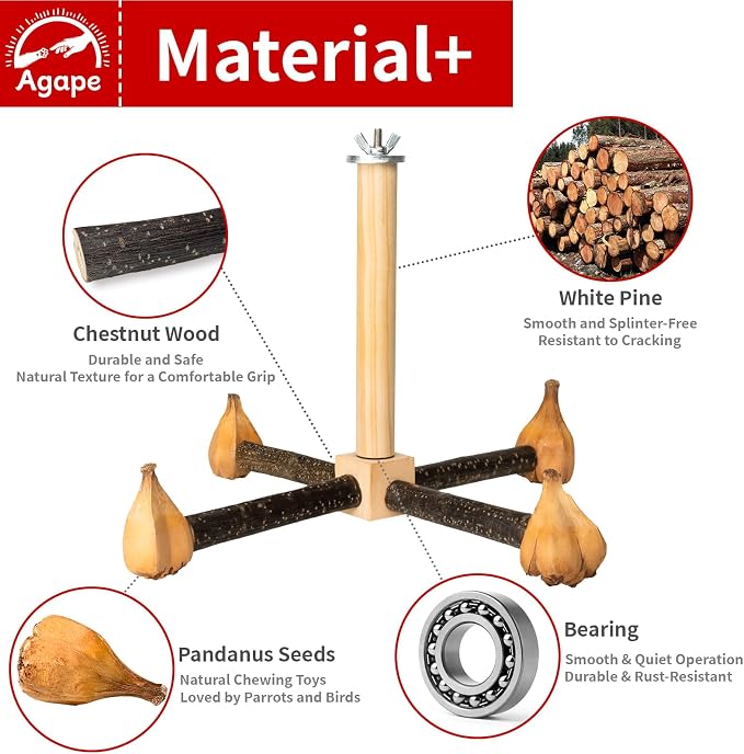 Agape Rotating Parrot Perch with Chew Toy, Wooden Stand for Small Birds | Natural Bird Cage Accessory for Parakeets, Cockatiels, Lovebirds, Conures, Budgies, Helps Reduce Boredom & Encourage Exercise