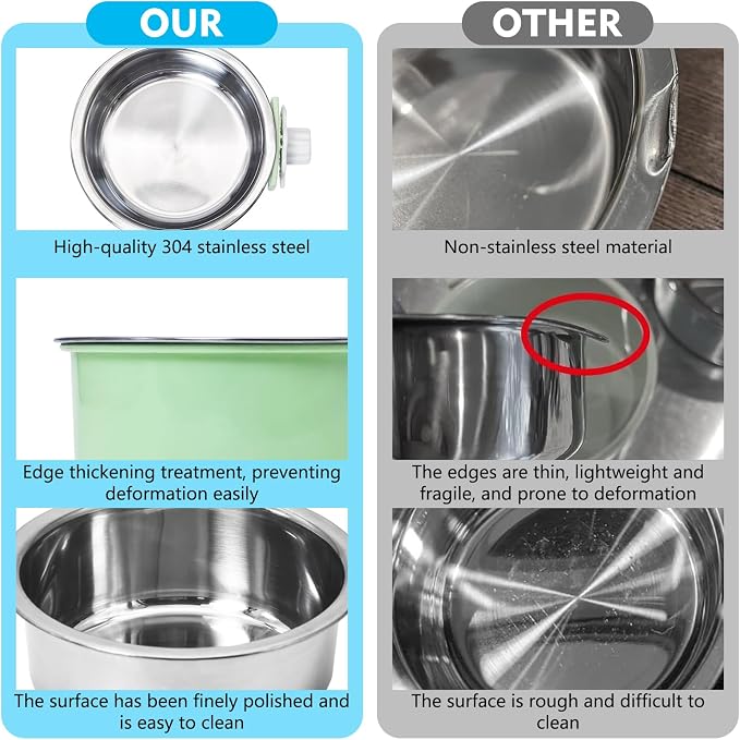kathson Crate Dog Bowl, Removable Stainless Steel Hanging Pet Cage Bowl Food & Water Feeder Coop Cup for Cat, Puppy, Birds, Rats, Guinea Pigs (4 PCS, Size: L, 2×Blue,1×Pink,1×Green)
