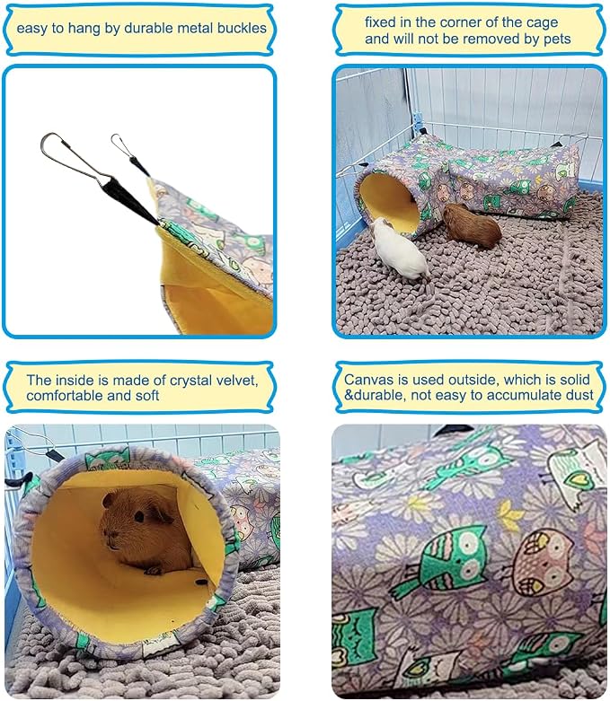 Guinea Pig Rat Tunnel Ferret Hammock, Small Animal Corner Tunnel & Tubes & Bed for Hedgehog Piggy Chinchilla Hideout Toys and Cage Accessories (3.Hammock&Tunnel, Owl)