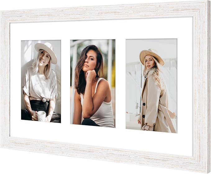 8x14 Collage frame with 3 Openings 4X6 Pictures, Multiple Picture Frame with Mat, Wall or Tabletop Decor, White Wood Grain,2 Pack