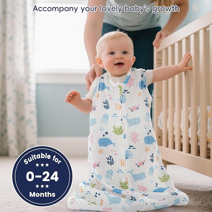 PHF 100% Muslin Cotton Baby Sleep Sack, 18-24 Months Baby Wearable Blanket with 2-Way Zipper, 2 Pack Soft Breathable Cooling 0.5 TOG X-Large Size Sleeveless Sleeping Bag for Boys/Girls, Mermaid