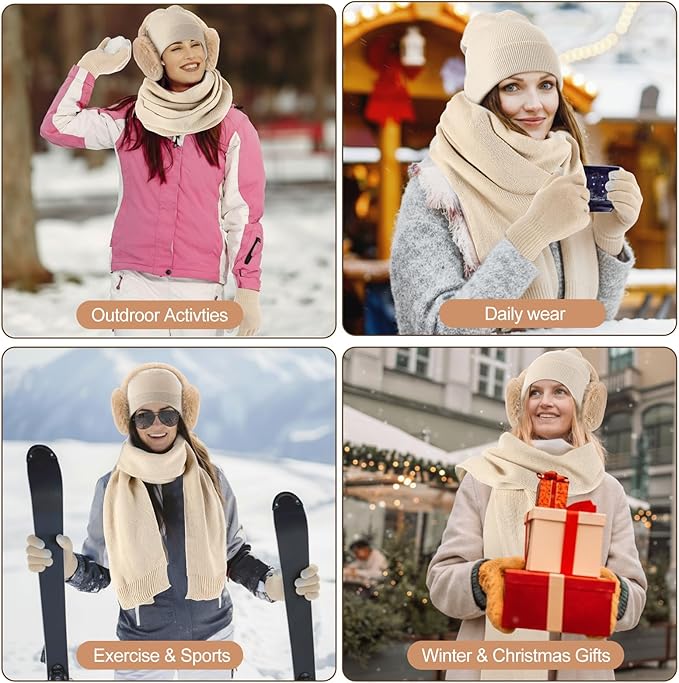 Geyoga 6 Pcs Women Winter Beanie Hat Scarf Gloves Ear Muffs Fuzzy Socks Set, Touchscreen Gloves for Thermal Gift Cold Weather