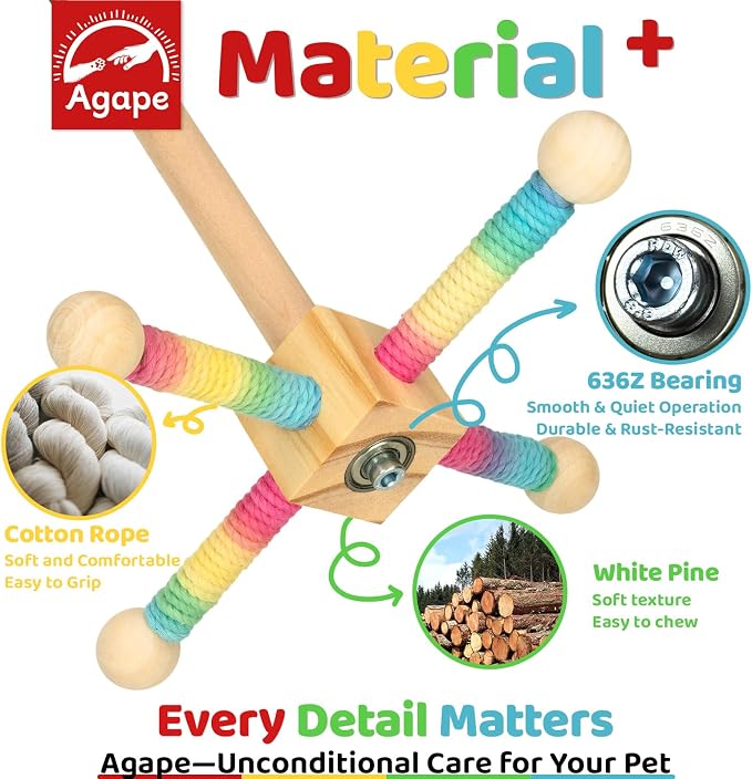 Agape 360° Rotating Bird Perch Stand, Wooden Parrot Exercise Toy | Bird Cage Accessory for Small-Medium Birds: Parakeets, Cockatiels, Lovebirds, Conures, Finches, Budgies, Parrotlets, Quakers