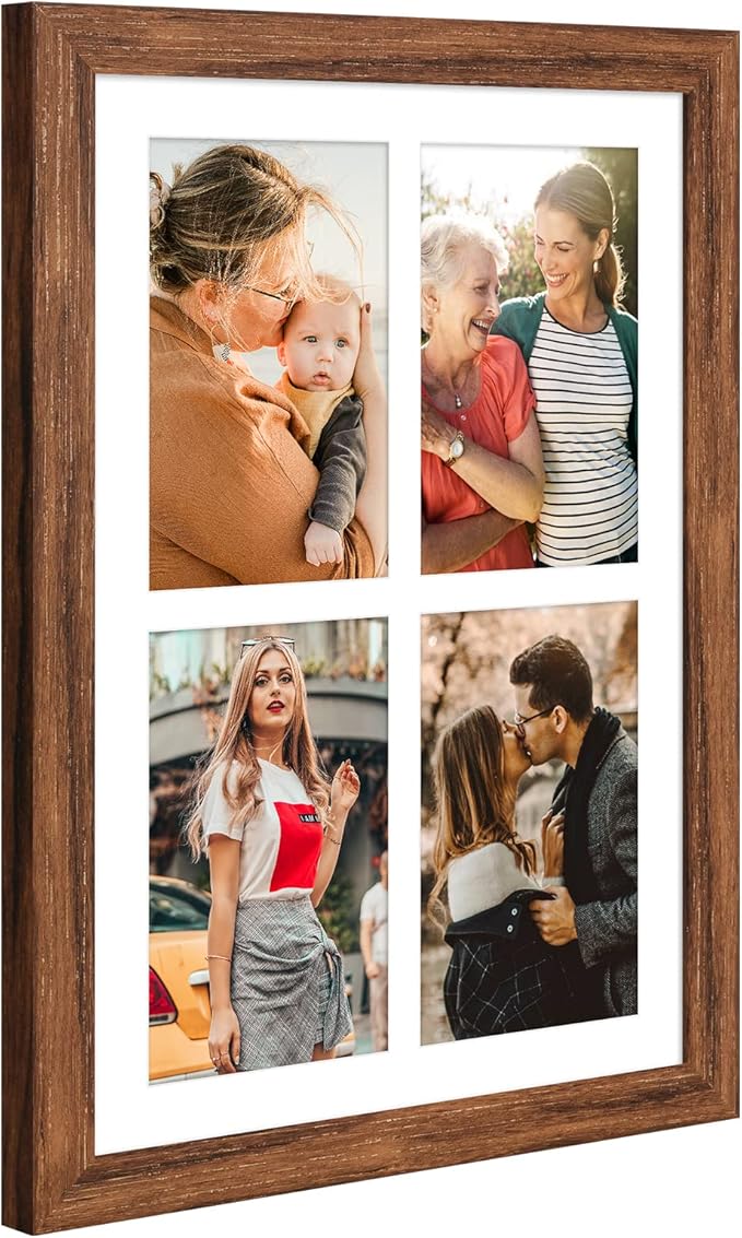 9x13 Collage frame with 4 Openings 4X6 Pictures, Multiple Picture Frame with Mat, Wall or Tabletop Decor, Carbonized Brown Wood Grain (1 Pack)