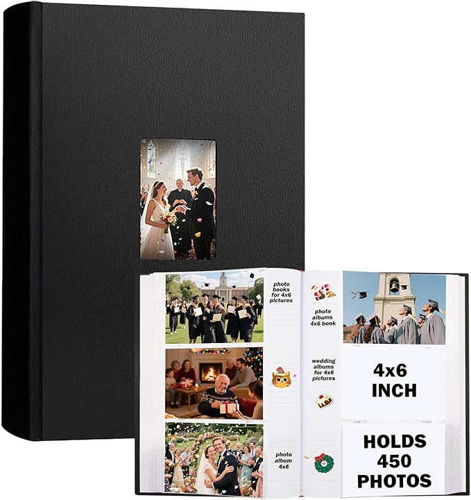 Ruibytree Photo Album 4x6 450 Photos with Writing Space,PU Leather Cover with Front Window Picture Album,4 x 6 Photo Book for Wedding Kids Travel Family Baby Vacation Couple (Black)
