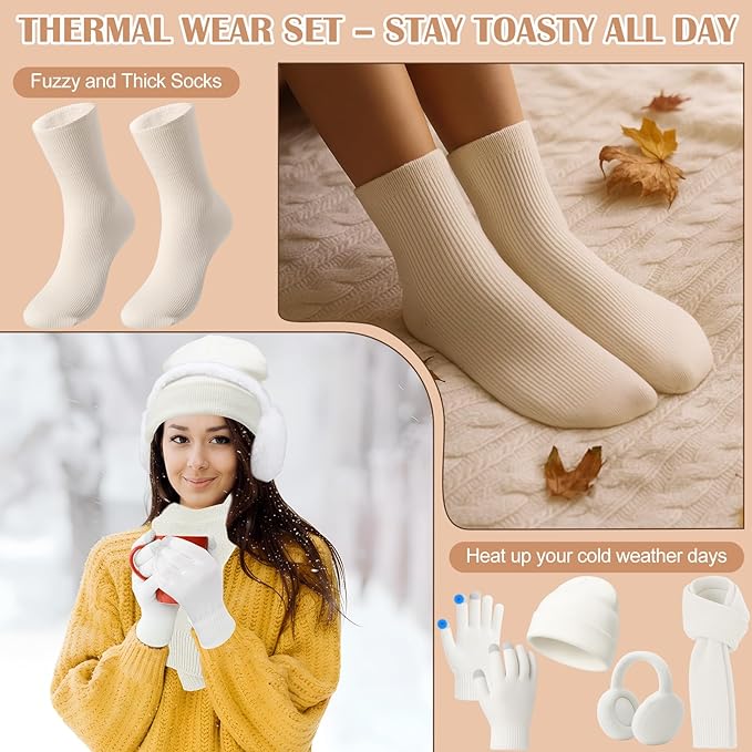 Geyoga 6 Pcs Women Winter Beanie Hat Scarf Gloves Ear Muffs Fuzzy Socks Set, Touchscreen Gloves for Thermal Gift Cold Weather