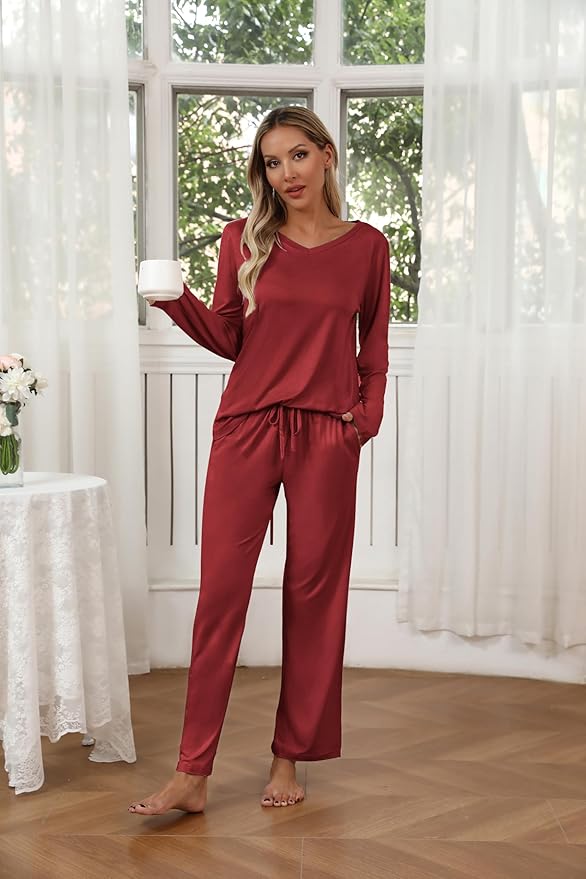 Ekouaer Womens 2 Pack Pajama Set Long Sleeve Pajamas Top and Pants V Neck Pjs Set Soft Loungewear with Pockets