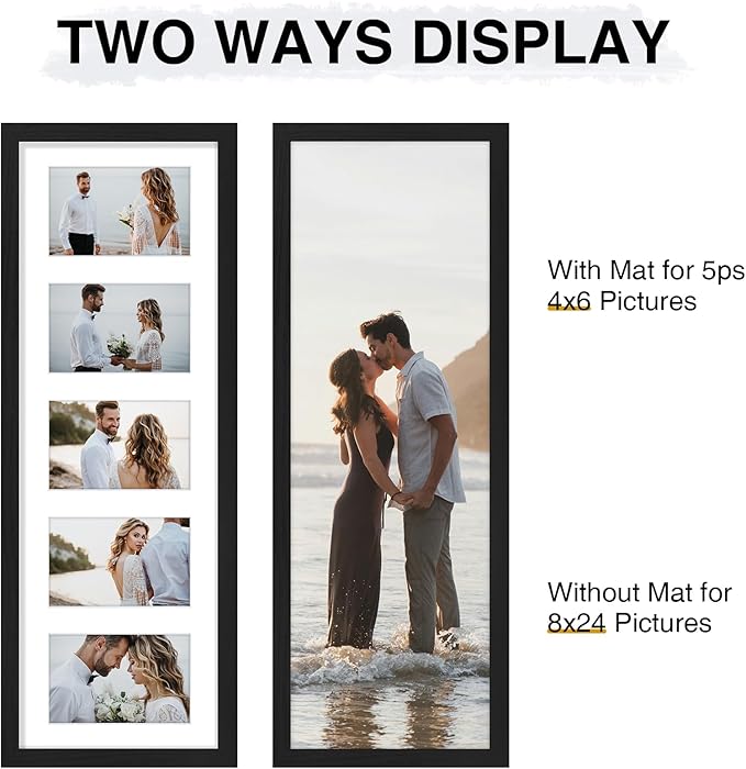 Vittanly 8x24 Collage Picture Frame, Displays 5Pcs 4x6 Pictures with Mat or 1Pcs 8x24 without Mat, Picture Frames Collage Wall Decor for Horizontal or Vertical Display, Black, 1 Pack