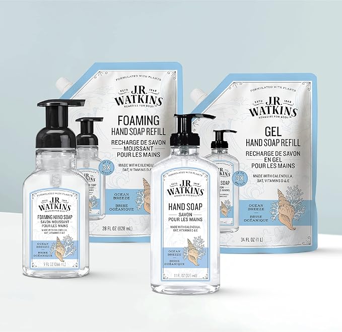 J.R. Watkins Gel Hand Soap, Scented Liquid Hand Wash for Bathroom or Kitchen, USA Made and Cruelty Free, 11 fl oz, Ocean Breeze, 3 Pack