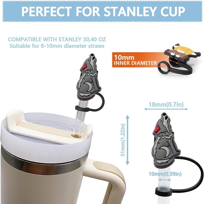 Animal Straw Toppers For Stanley Cups;Straw Covers Cap Toppers Compatible With Stanley 30&40 Oz Tumbler, Reusable & Silicone Tumbler Straws Topper For 0.4 Inch Tips Animal Lover Gifts (Wolf)