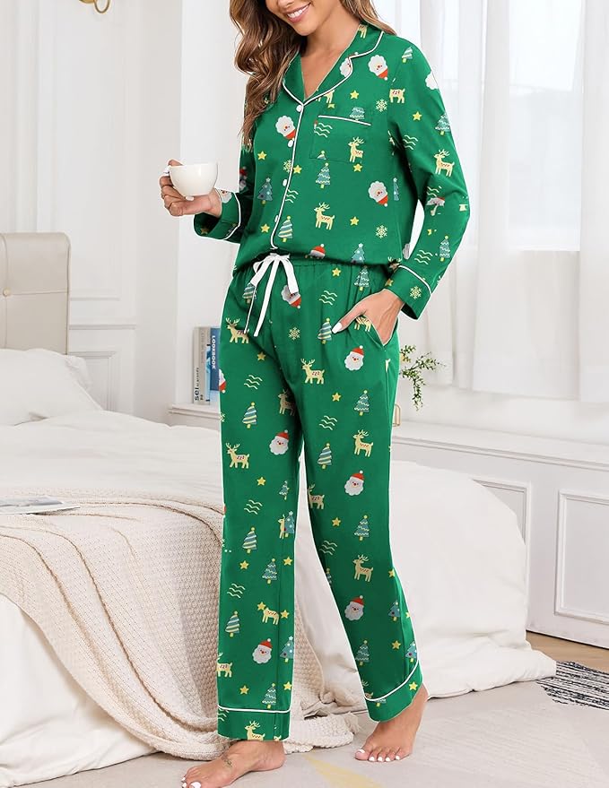 Veseacky 100% Cotton Pajamas for Women Set Long Sleeve Button Down Sleepwear Soft Pjs Lounge Sets with Pockets S-XXL