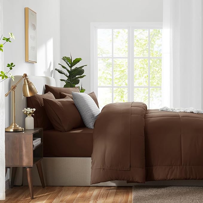 CozyLux Queen Comforter Set Brown, 7 Pieces Bed in a Bag, Brown Comforter Queen Size, All Season Bedding Sets with Stitch Quilted Comforter, Flat Sheet, Fitted Sheet, Pillowcases