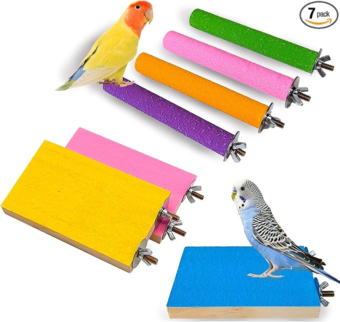 7PCS Bird Perch Stand Platform Natural Wood Parakeet Toys Cage Accessories | Colorful Rough Quartz Sand Surface, Thickened Exercise Paw Grinding Stick for Budgies, Cockatiel, Lovebirds, Finch, Canary