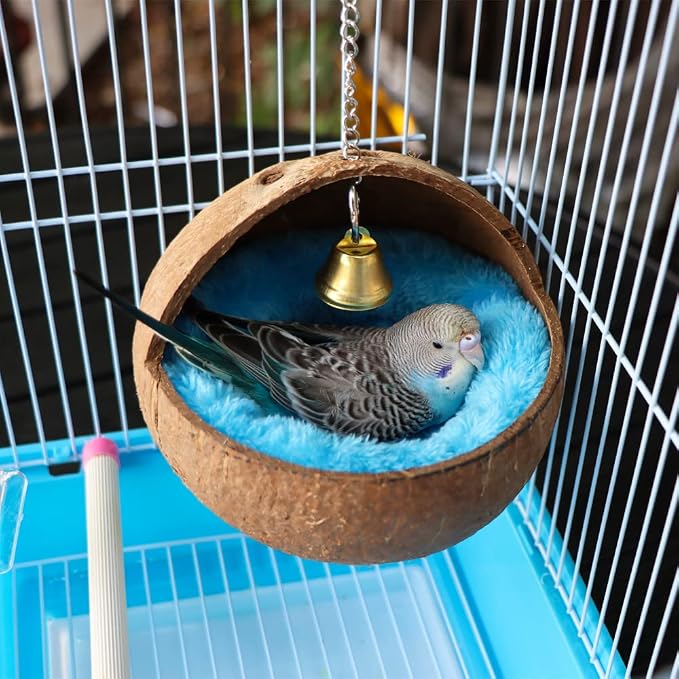 2 Pack Natural Coconut Shell Bird Nest with Pads for Small Parrots | Bird cage house, parakeet nesting box practical bird bed cage accessory resting and breeding shelter for small medium birds